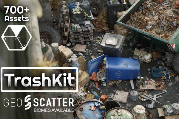 Blender预设-700多个废墟垃圾堆瓶子罐头纸箱废品3D模型资产 Trash Kit – 3D Assetkit