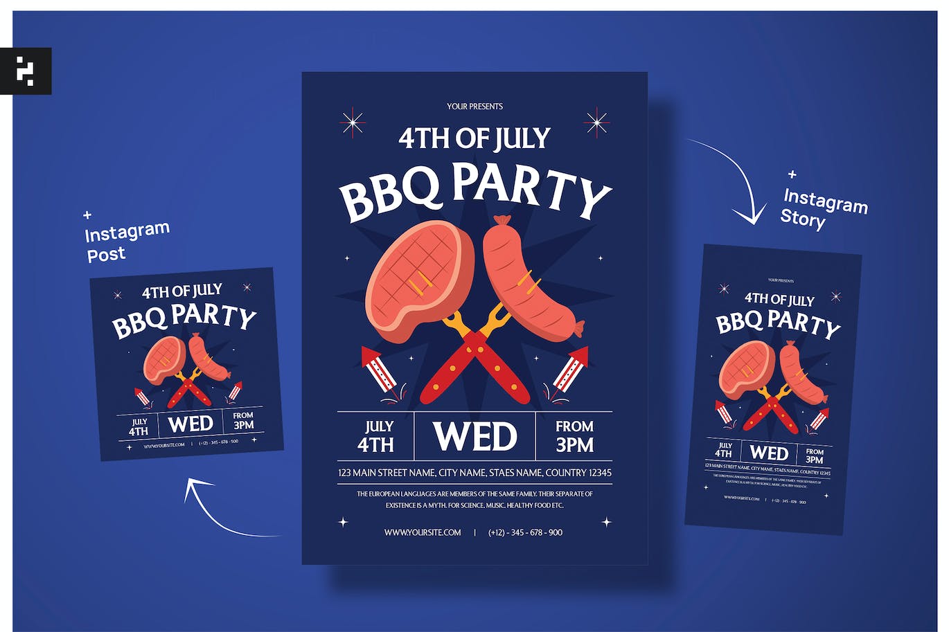 烧烤BBQ活动传单设计模板 4th of July Event Flyer