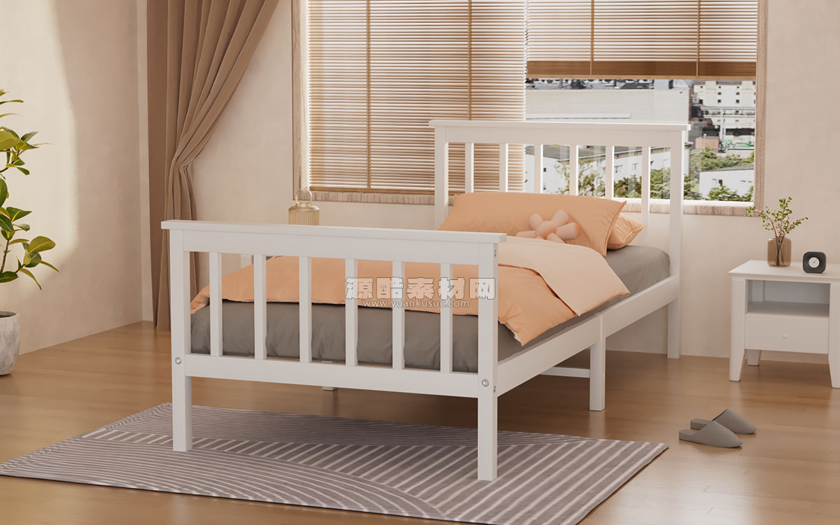 C4D室内卧室单人木床场景渲染工程单人床模型卧室场景模型