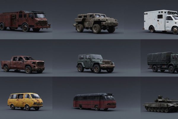 13组废弃破旧卡车吉普大巴面包车坦克汽车3D模型
