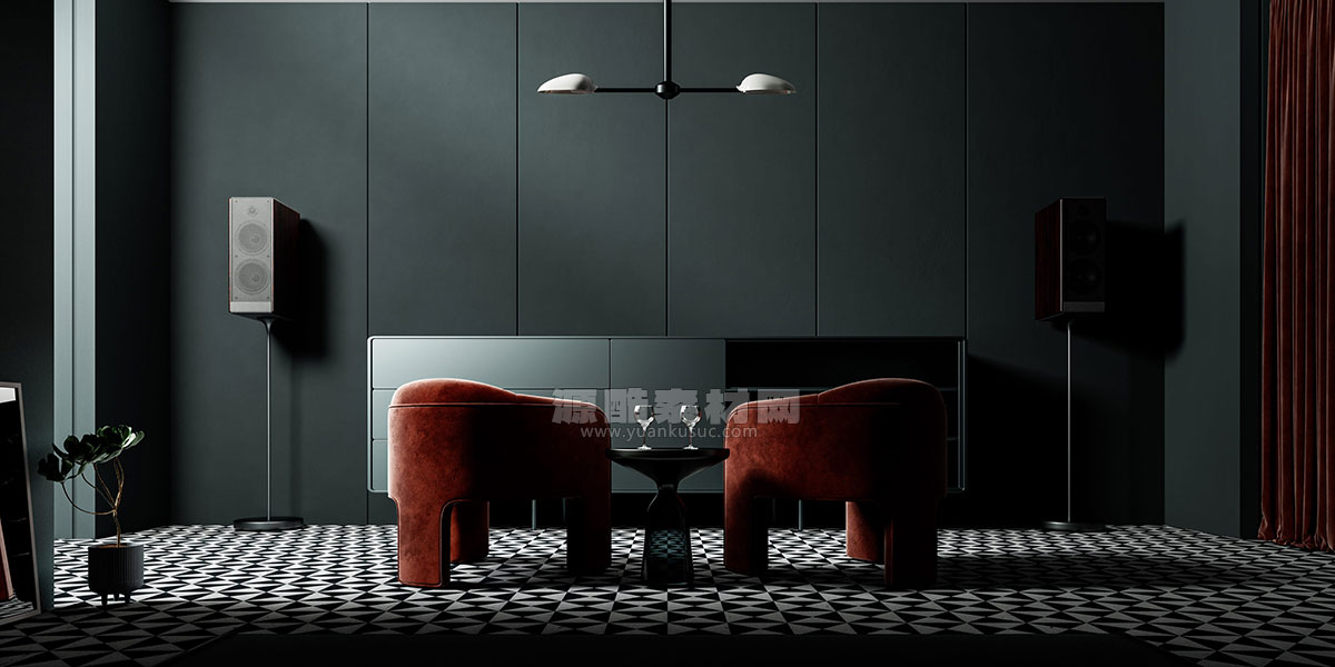 C4D暗调室内复古场景渲染工程沙发椅模型边柜茶几模型