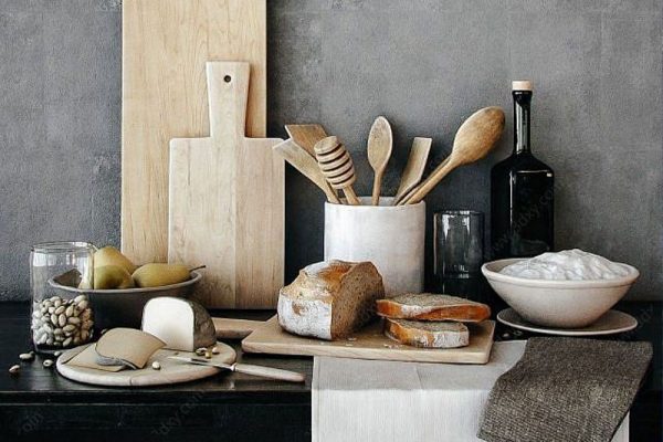 C4D模型-砧板碗木勺模型面包模型梨子模型下载