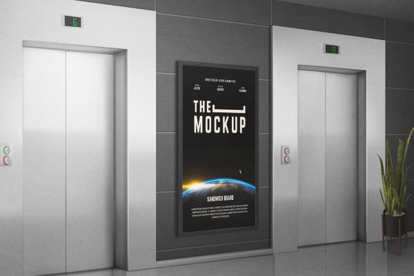 电梯等候广告牌样机素材 Billboard Wall Elevator Mockup