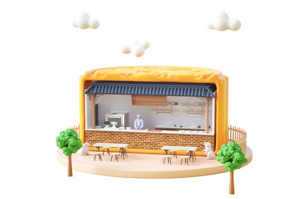 C4D工程-中秋节月饼店铺餐饮卡通场景工程餐饮店铺模型