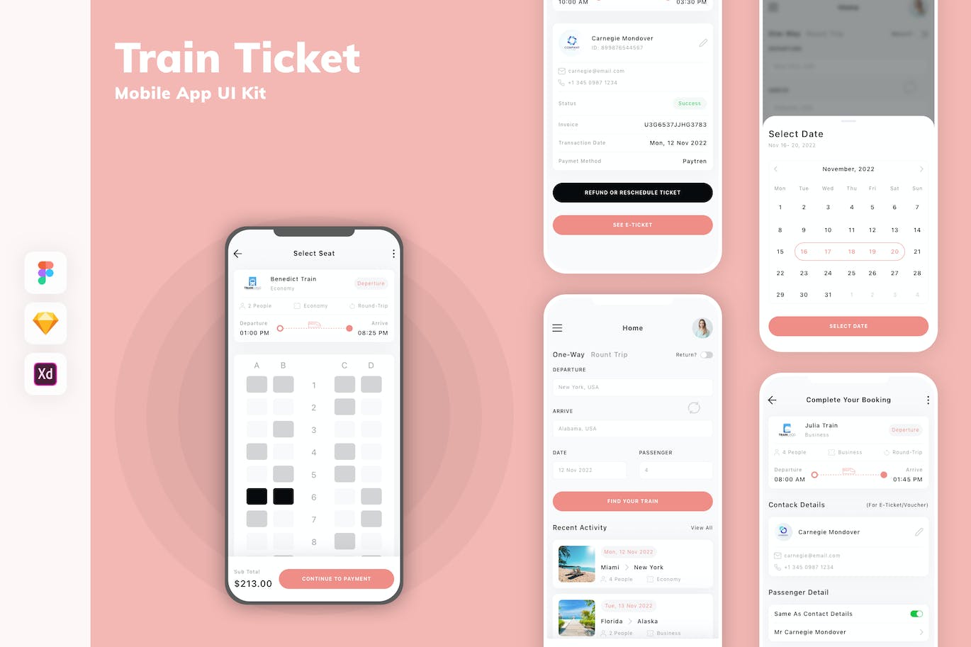 火车票/高铁票订票手机应用 UI 套件 Train Ticket Mobile App UI Kit