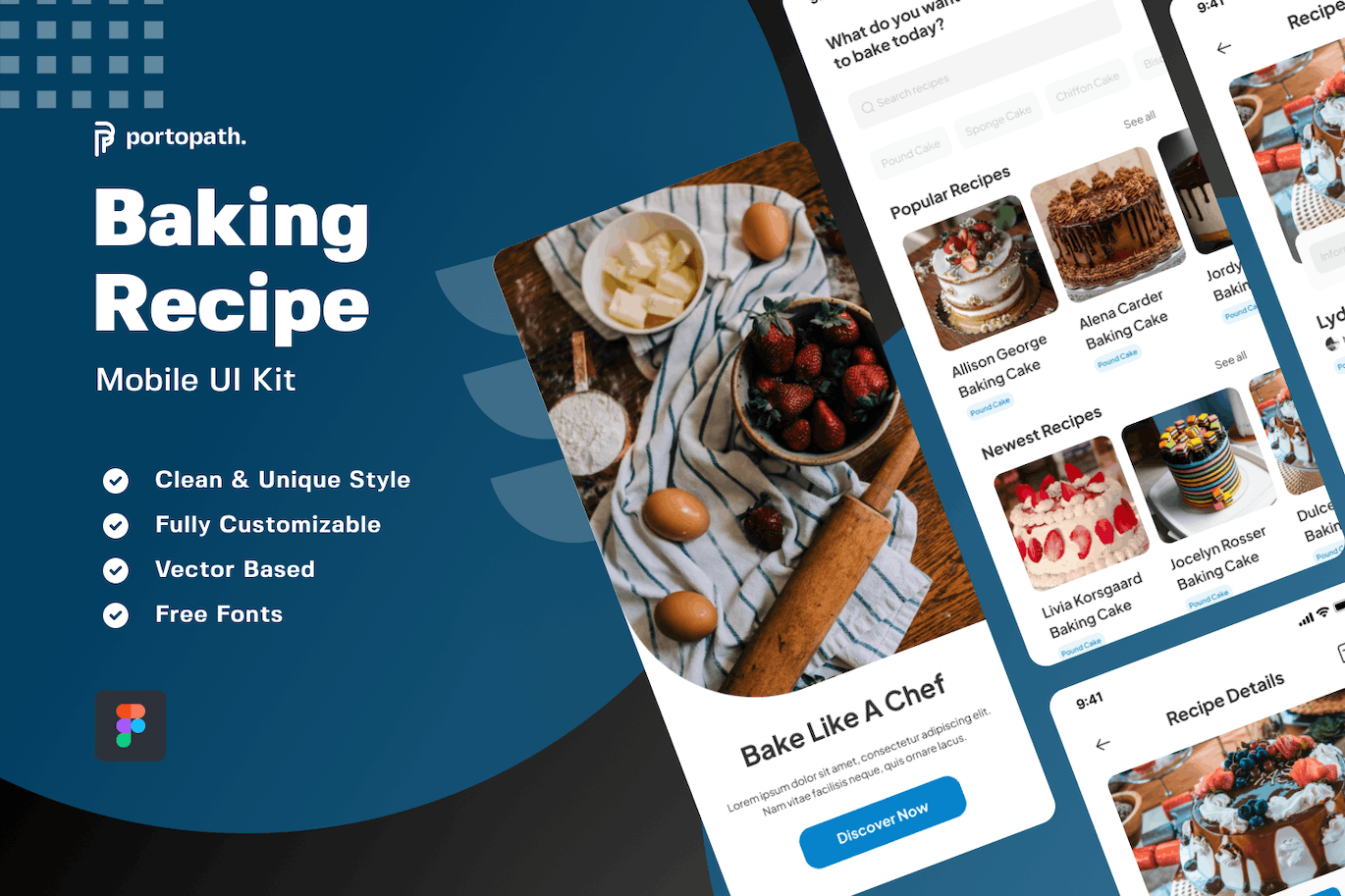 烘焙食谱移动应用程序UI模板 Baking Recipe Mobile Apps