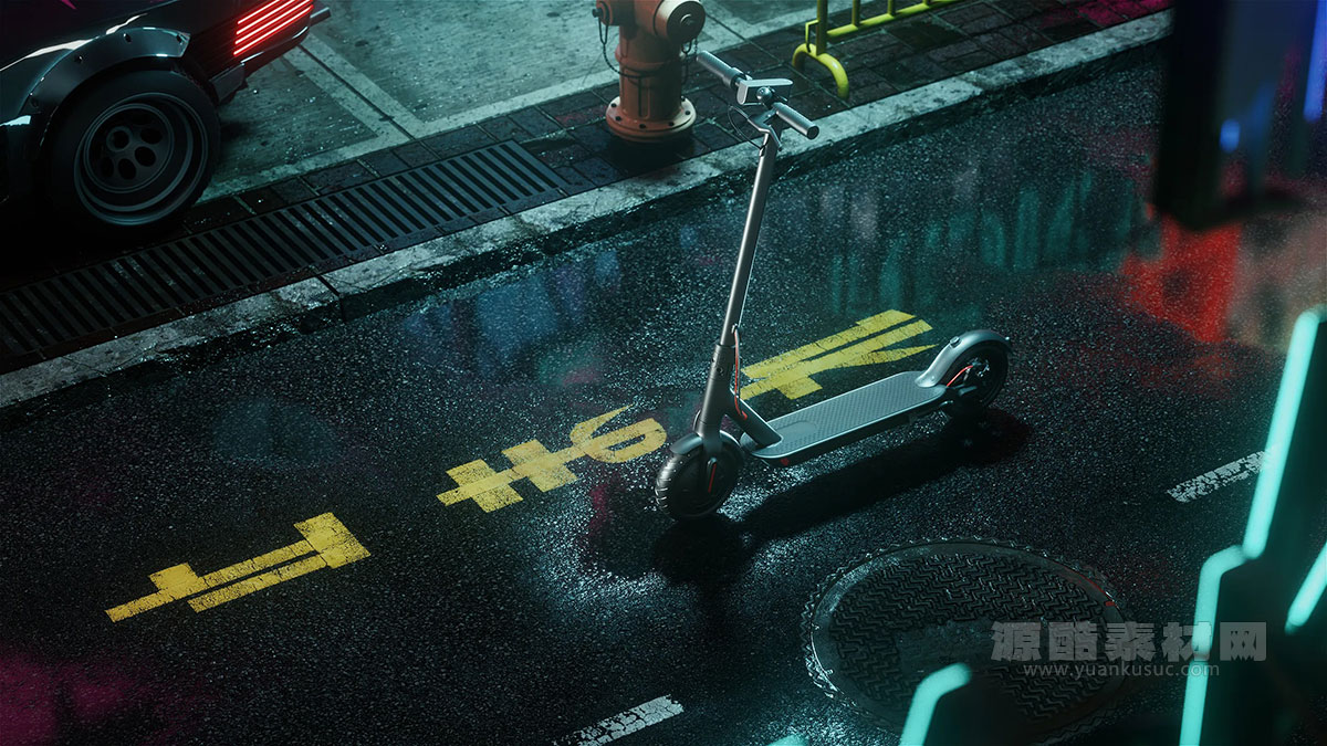 C4D工程-赛博街道场景渲染工程电动滑板车模型