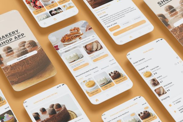 蛋糕电商、松饼店和面包店应用程序UI套件 Cake E-commerce, Muffin Store & Bakery Shop App UI