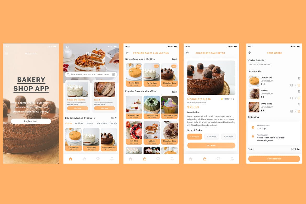 蛋糕电商、松饼店和面包店应用程序UI套件 Cake E-commerce, Muffin Store & Bakery Shop App UI