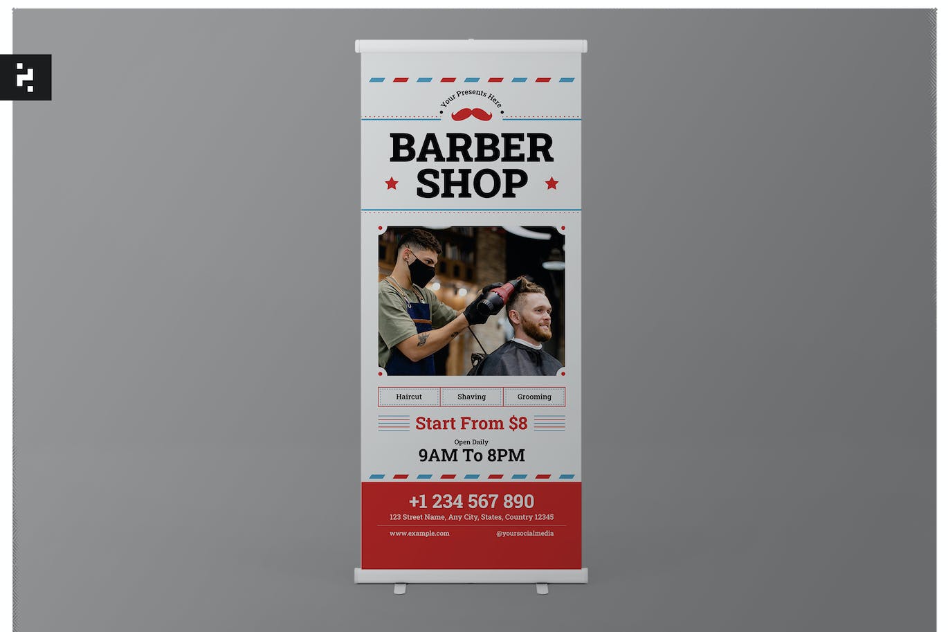 简约理发店易拉宝横幅设计模板素材 Simple Barbershop Roll Up Banner