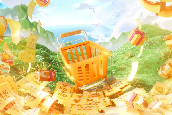 C4D工程-电商促销购物车渲染场景工程购物双十一促销优惠券场景模型