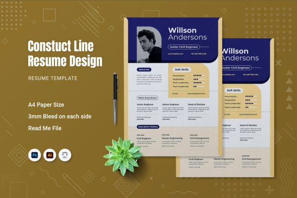 三色风格简约线条简历模板 Constuct Line Resume