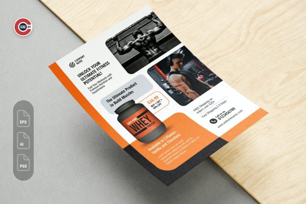 健身房和健美补充剂产品传单设计素材 Gym and Bodybuilding Supplement Products Flyer