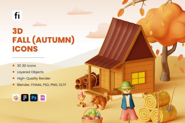 秋季 (秋天)卡通主题3D图标模型素材合集 3D Fall (Autumn) Icons