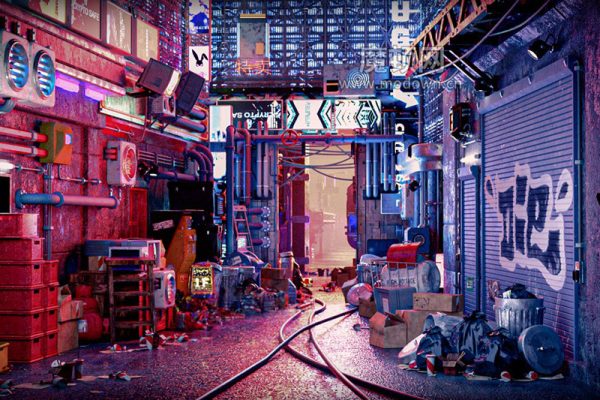 C4D工程-赛博朋克场景渲染工程赛博朋克街道C4D模型下载