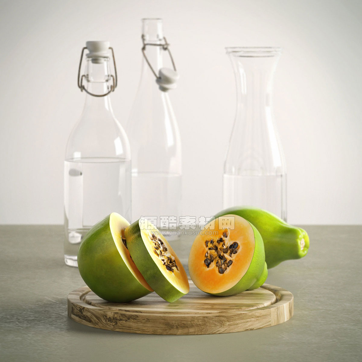 木瓜模型玻璃水瓶模型水果C4D模型下载