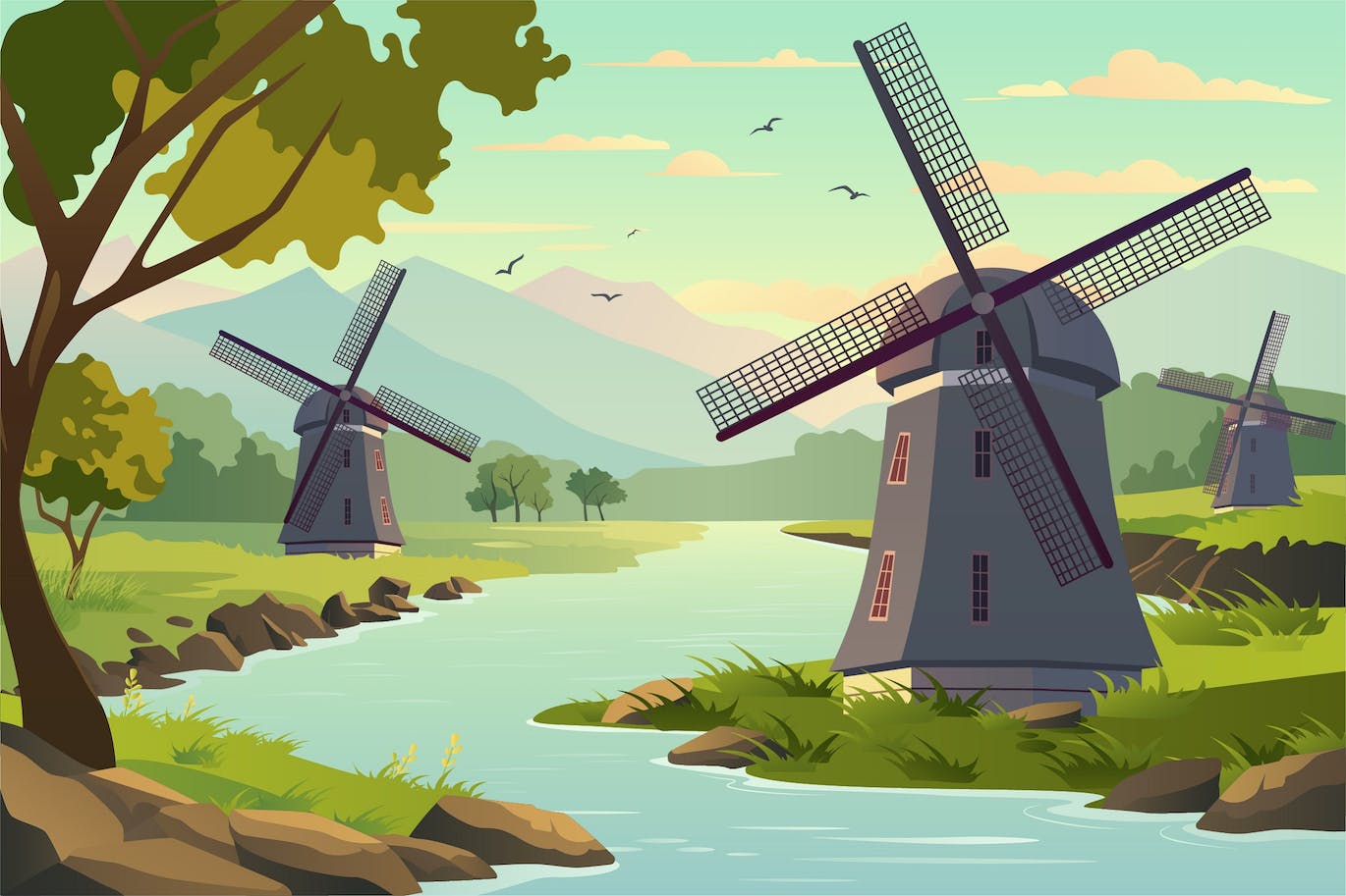 户外风车矢量背景插画素材 Background Windmills