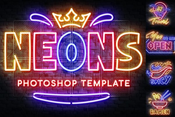 霓虹灯轮廓PS效果PSD模板 Neon Outline Photoshop Effect