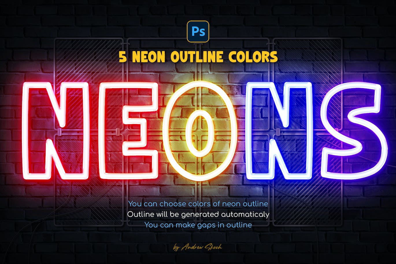 霓虹灯轮廓PS效果PSD模板 Neon Outline Photoshop Effect