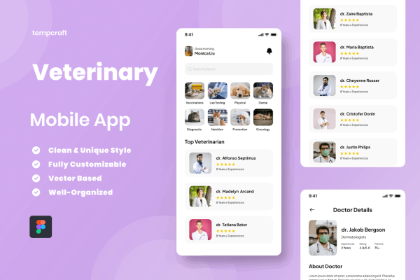 兽医/宠物医院APP应用UI套件设计模板 Veterinary Mobile Apps