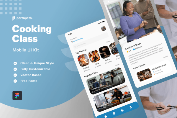 烹饪课移动应用程序UI套件模板 Cooking Class Mobile Apps