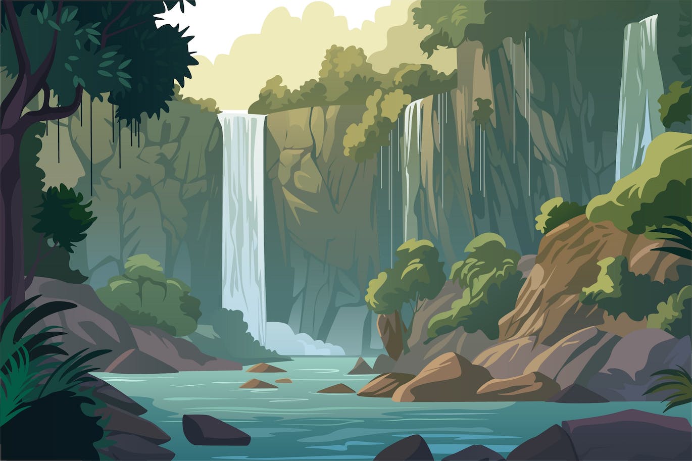 森林瀑布矢量背景插画素材 Background Waterfall