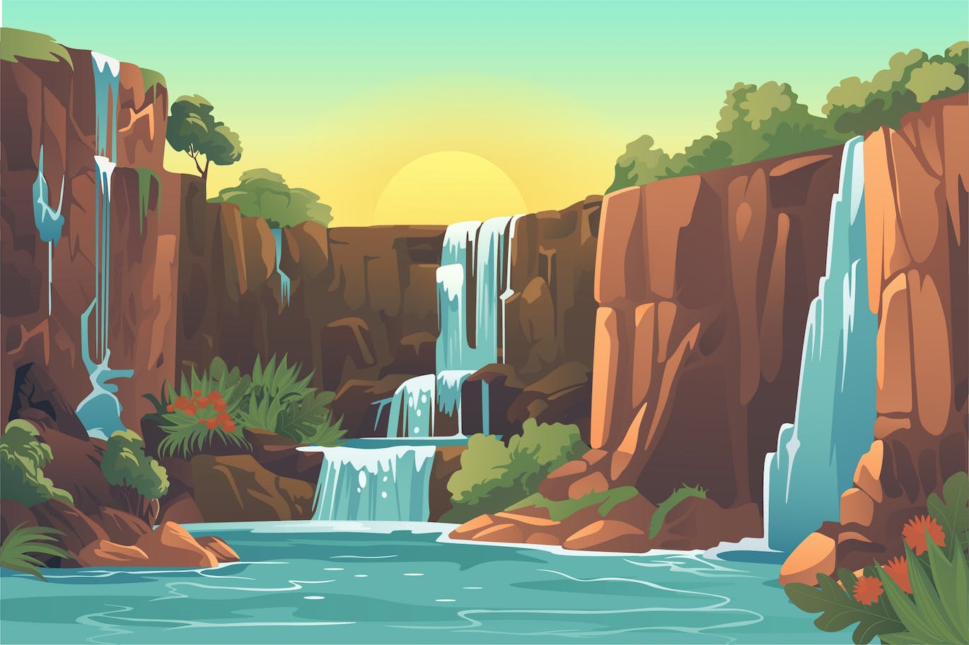 悬崖森林瀑布矢量图案背插画素材 Background Waterfall