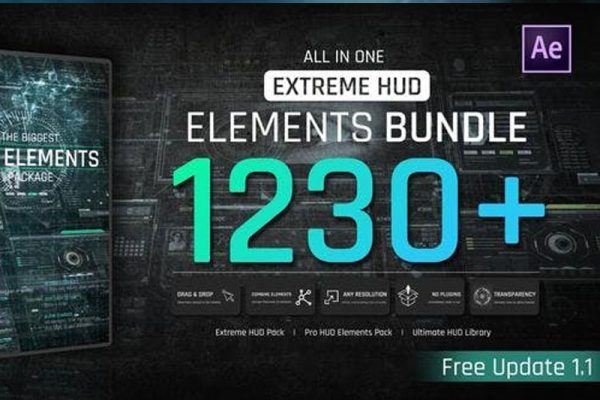 AE模板-1200+科技感全息界面HUD线条圆圈边框动画元素 Extreme HUD Elements Bundle