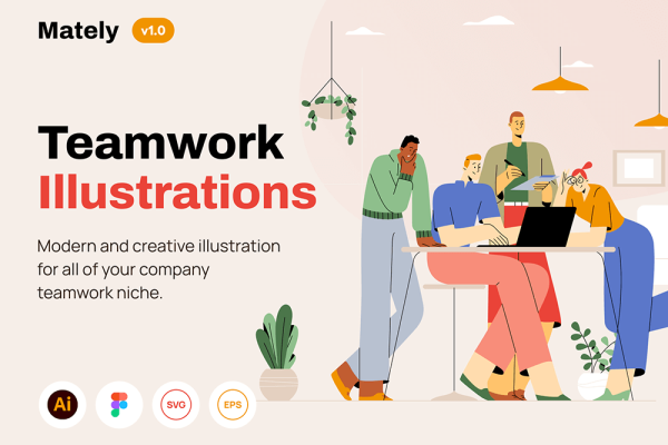 彩色人物团队合作场景插画素材 Teamwork Illustrations