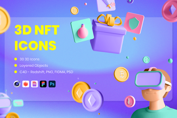 30个NFT技术3D图标C4D模型素材下载 30 3D Icons Illustration NFT Technology