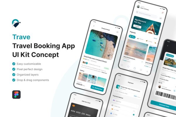 旅游预订APP应用程序 UI 套件 Trave – Trave Booking App UI Kit