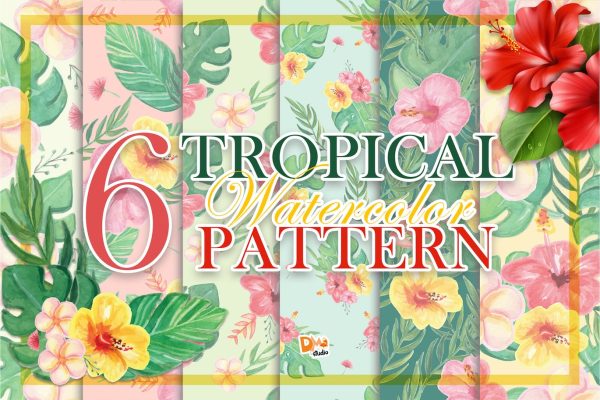 热带植物花卉水彩高清图案素材 Tropical Watercolor Pattern