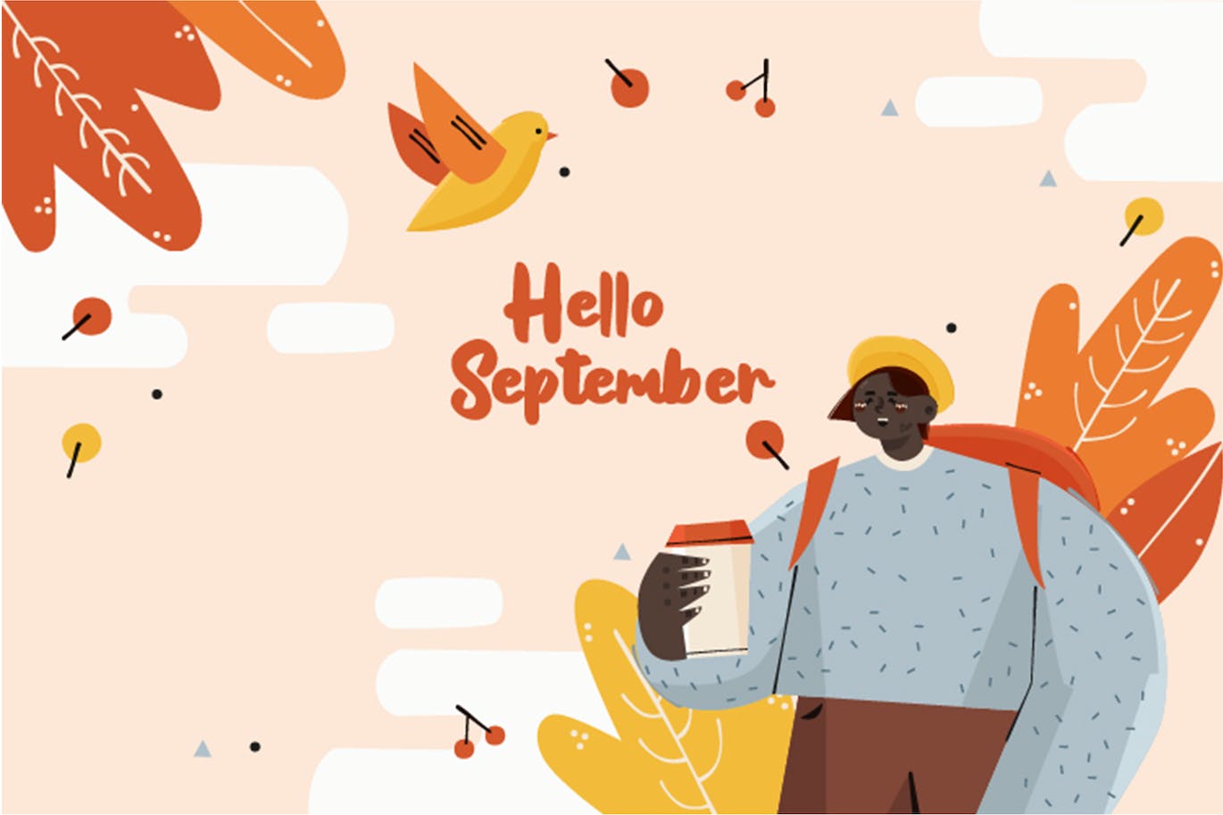 “你好，秋天”矢量插画背景图 Hello September Autumn Background Illustration