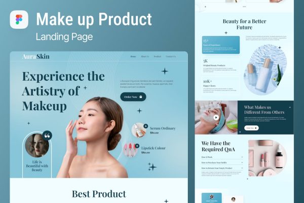化妆品品牌网站首页设计Figma模板 Aura Skin – Makeup Product Landing Page Figma