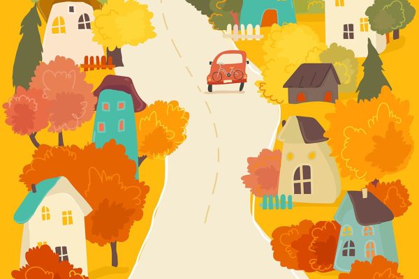 色彩缤纷房子与秋天树木可爱卡通插画素材 Cute Cartoon Colorful Houses with Autumn Trees.