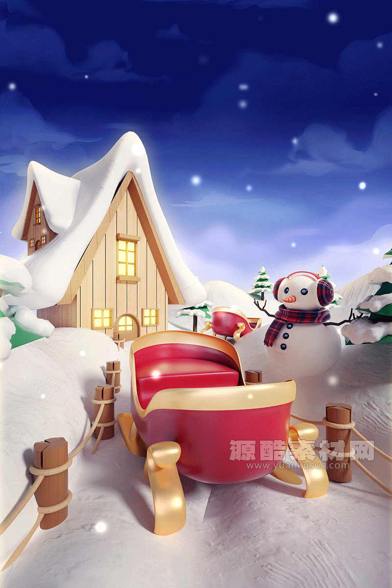 C4D工程-圣诞节雪橇下雪场景渲染工程卡通圣诞节场景C4D模型