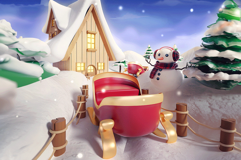 C4D工程-圣诞节雪橇下雪场景渲染工程卡通圣诞节场景C4D模型