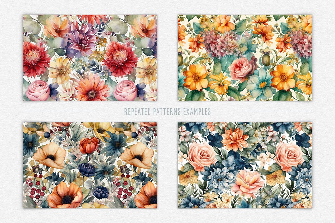 水彩花卉无缝图案素材 Floral Watercolor Seamless Patterns