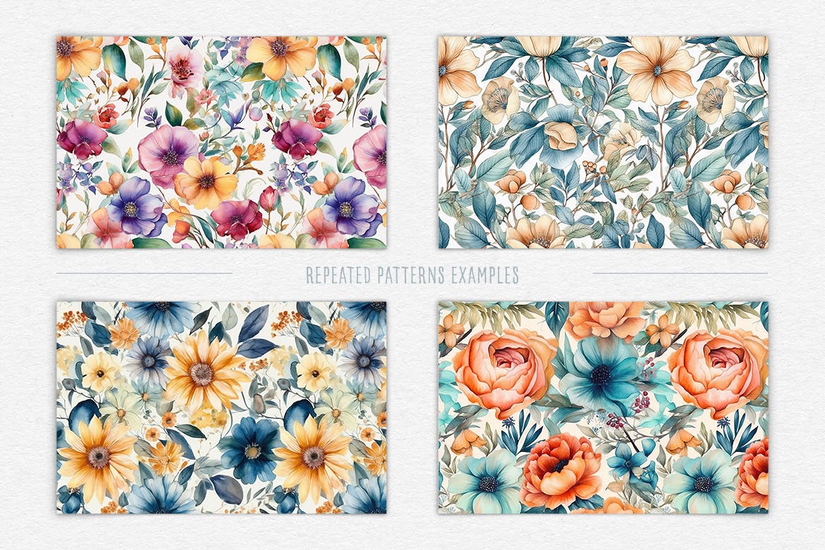 水彩花卉无缝图案素材 Floral Watercolor Seamless Patterns