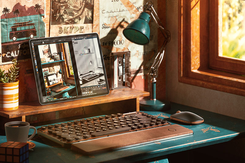 C4D工程-复古机械键盘场景渲染工程电脑桌工程复古键盘C4D模型下载