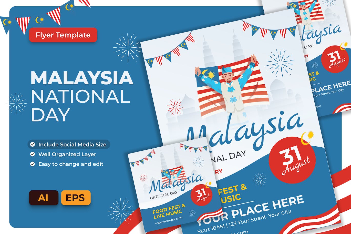 马来西亚国庆传单设计AI和EPS模板 Malaysia National Day Flyer AI & EPS Template