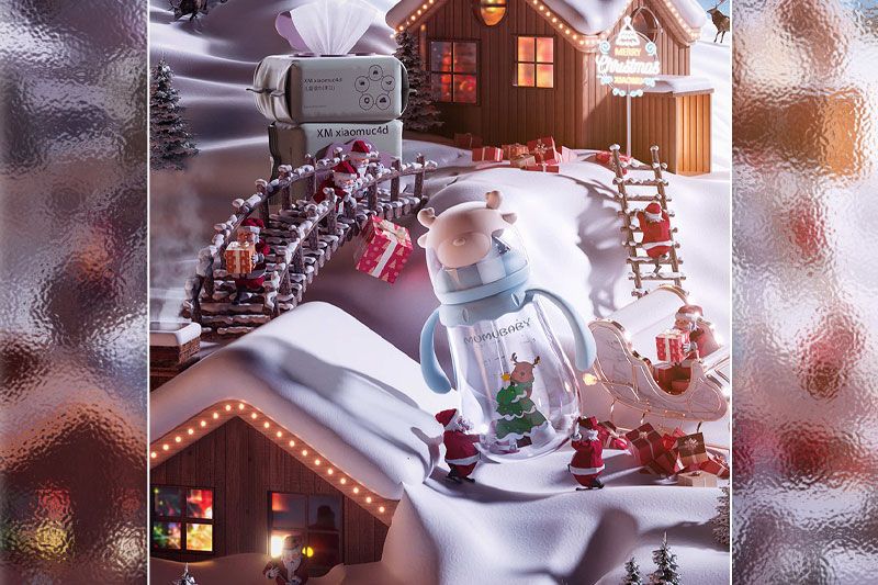 C4D工程-卡通母婴圣诞节场景渲染工程湿巾模型奶瓶C4D模型下载