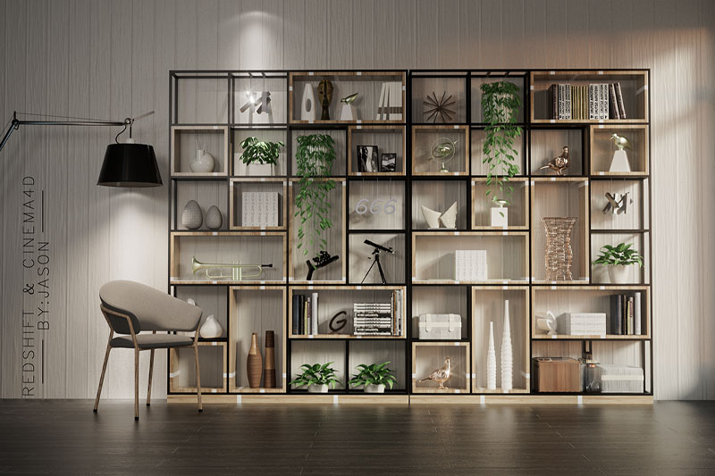 C4D工程-室内书架场景工程书架模型摆件C4D模型下载