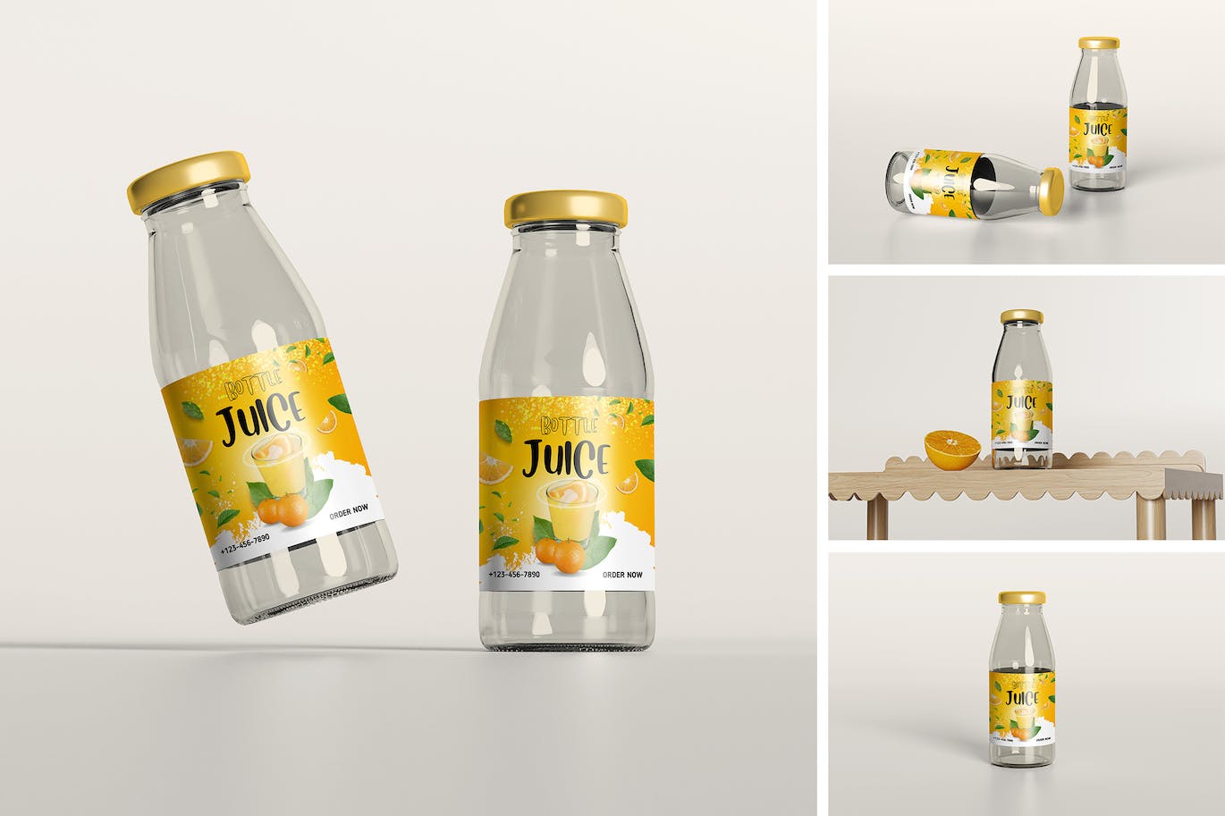 果汁玻璃瓶外观设计样机素材 Juice Bottle Mockup