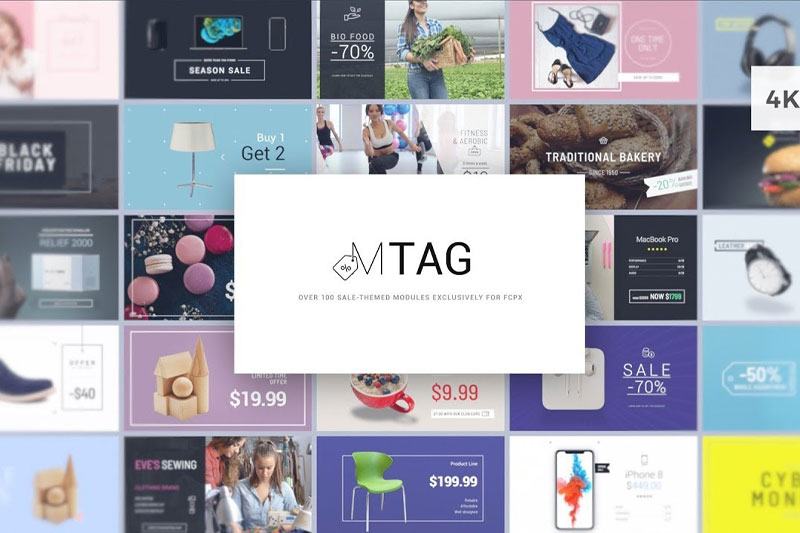 FCPX插件-102组商品价格标签文字标题排版促销图标动画预设 MotionVFX mTag