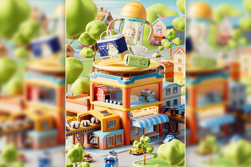 C4D工程-618母婴主题电商海报渲染工程电商海报C4D模型下载