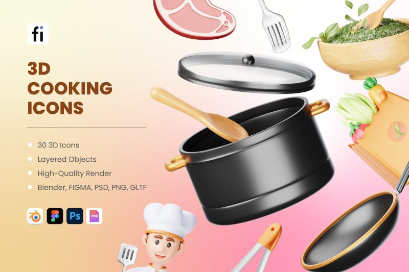 3D烹饪主题图标Blender模型素材下载 3D Cooking Icons