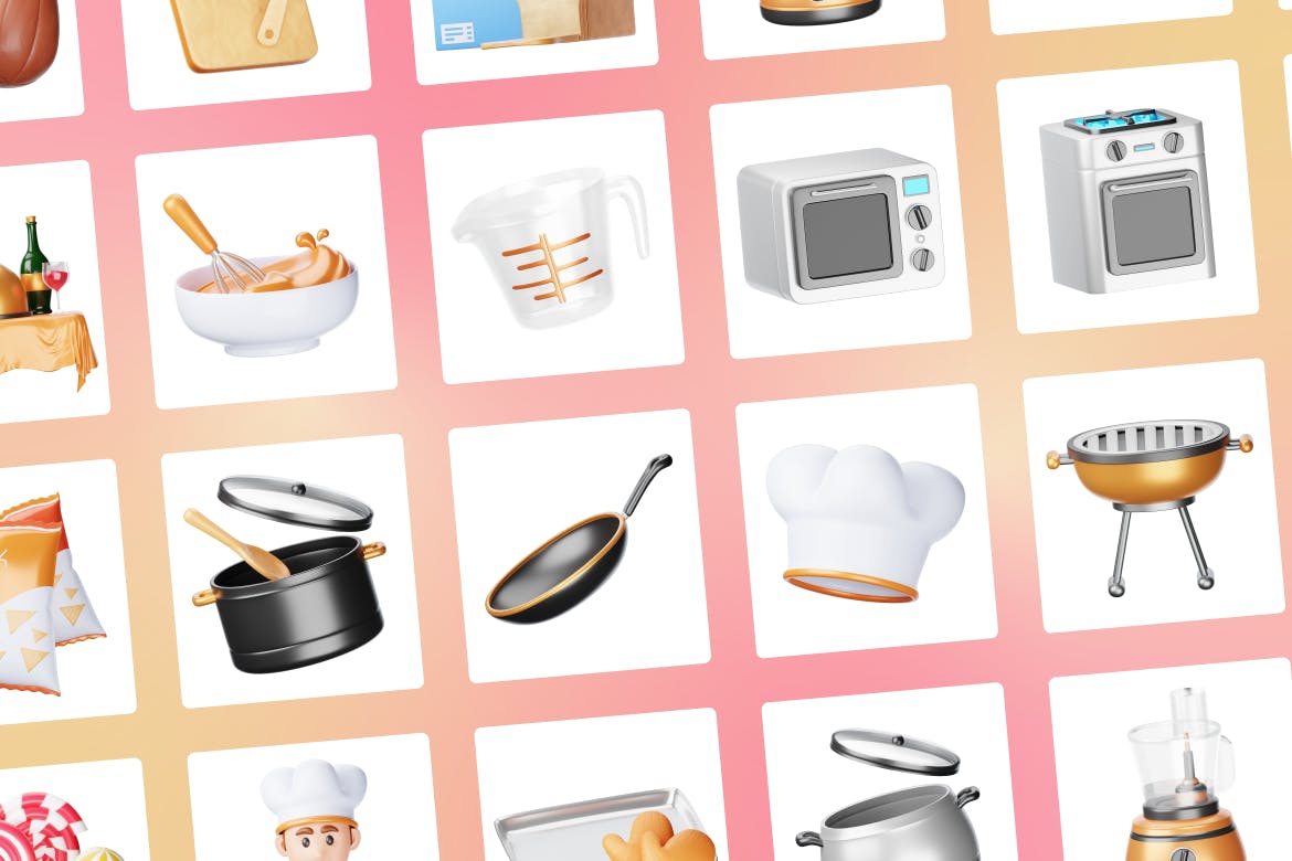 3D烹饪主题图标Blender模型素材下载 3D Cooking Icons