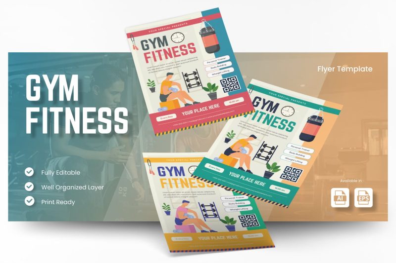 健身房健身运动套餐传单模板 Ai&EPS素材 Gym Fitness Flyer Ai & EPS Template