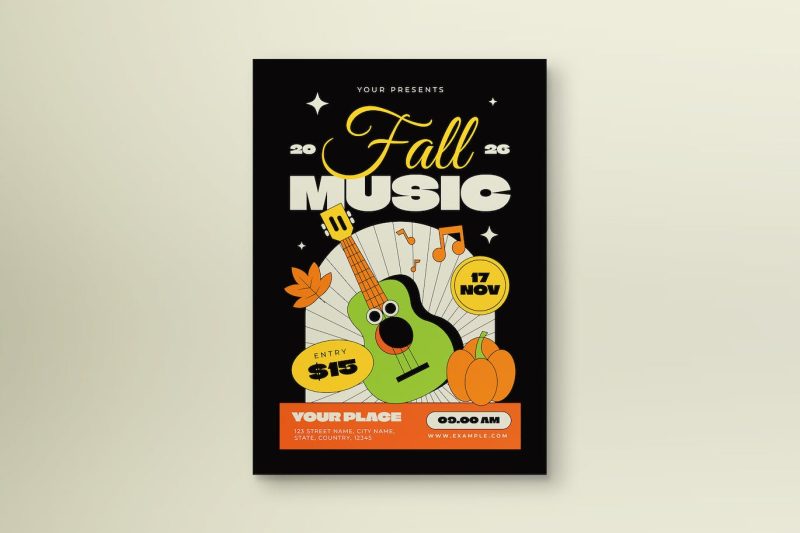 黑色扁平设计风格秋季音乐传单设计素材 Black Flat Design Fall Music